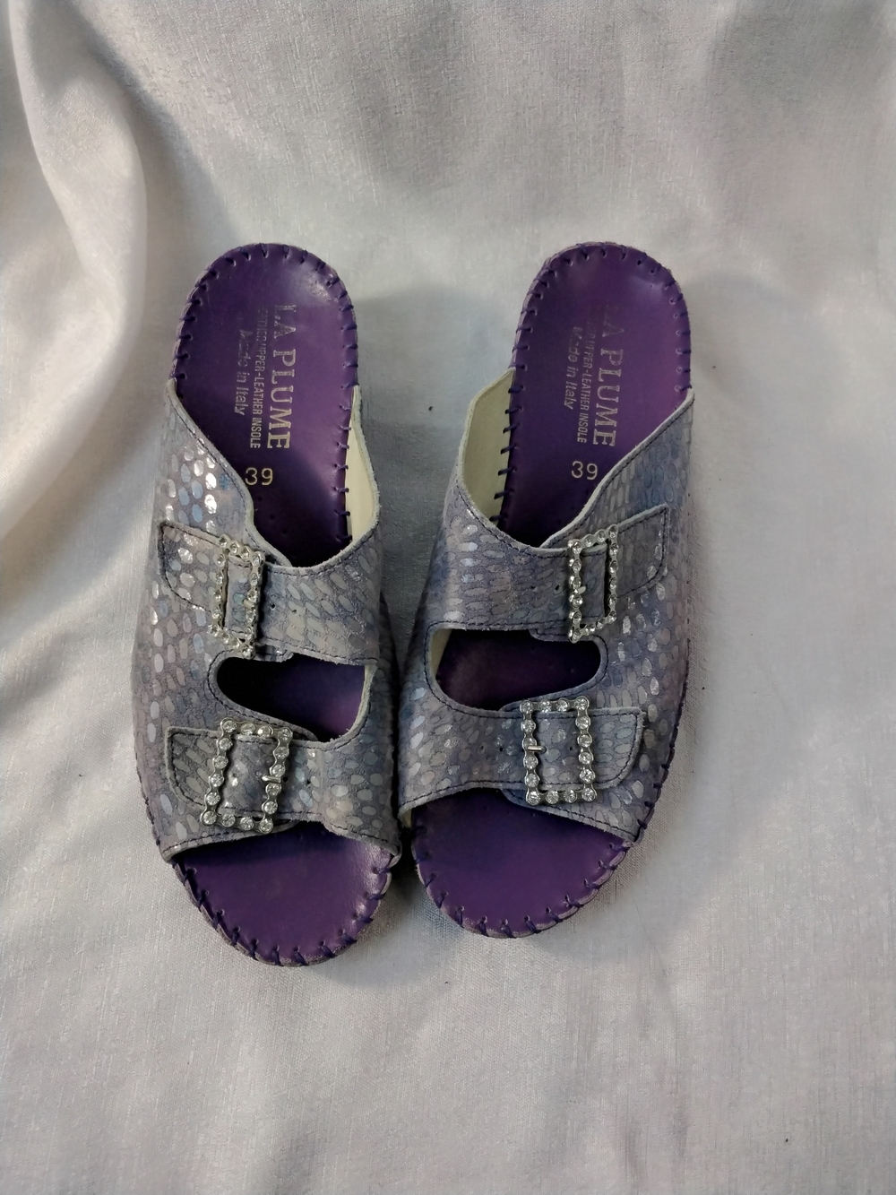 La Plume Purple Embossed Slide Mules with Decorative Buckles